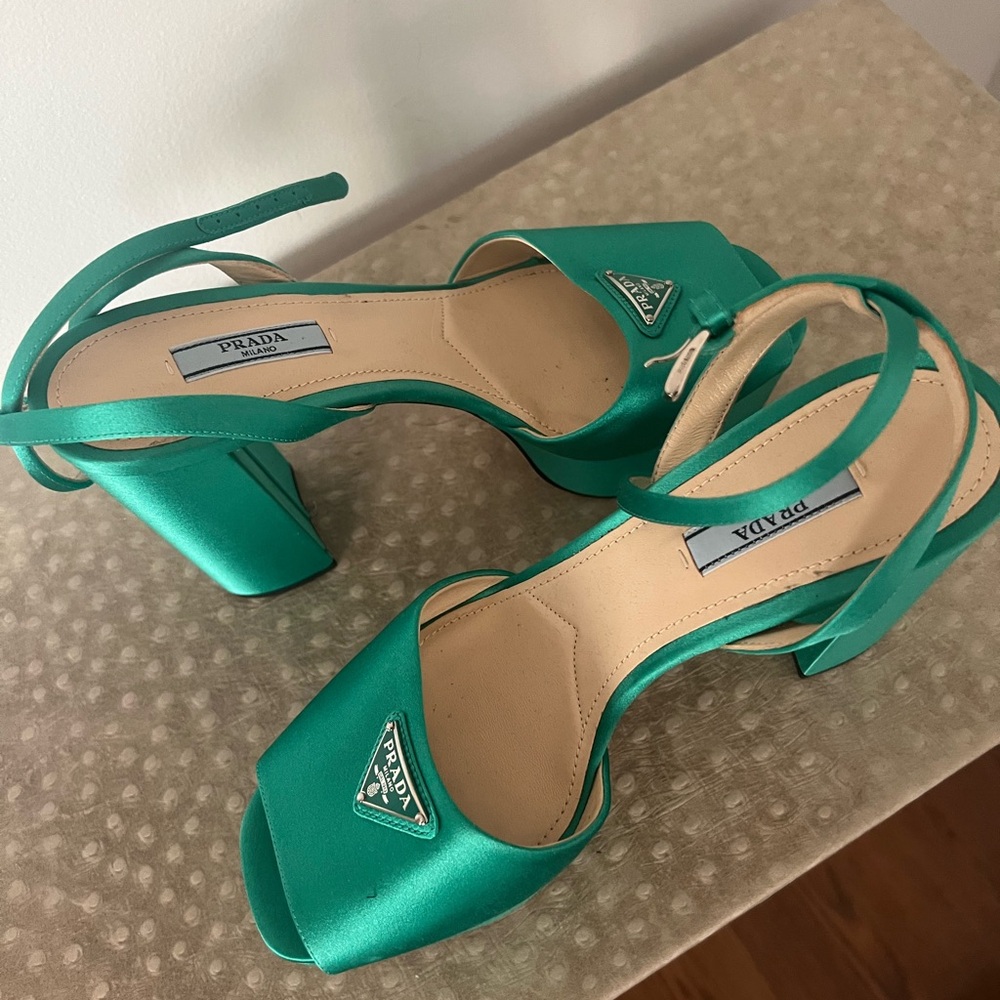 Prada Green Satin Block Heel Sandals